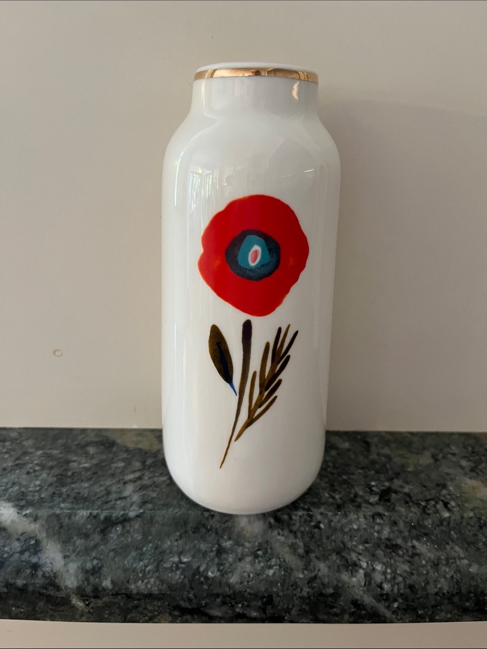 ZAD White Ceramic Bud Vase with Red Floral Accent and Gold Rim